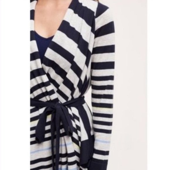 Anthropologie Moth Striped Open Front Cardigan with Tie Cotton M - Picture 2 of 13